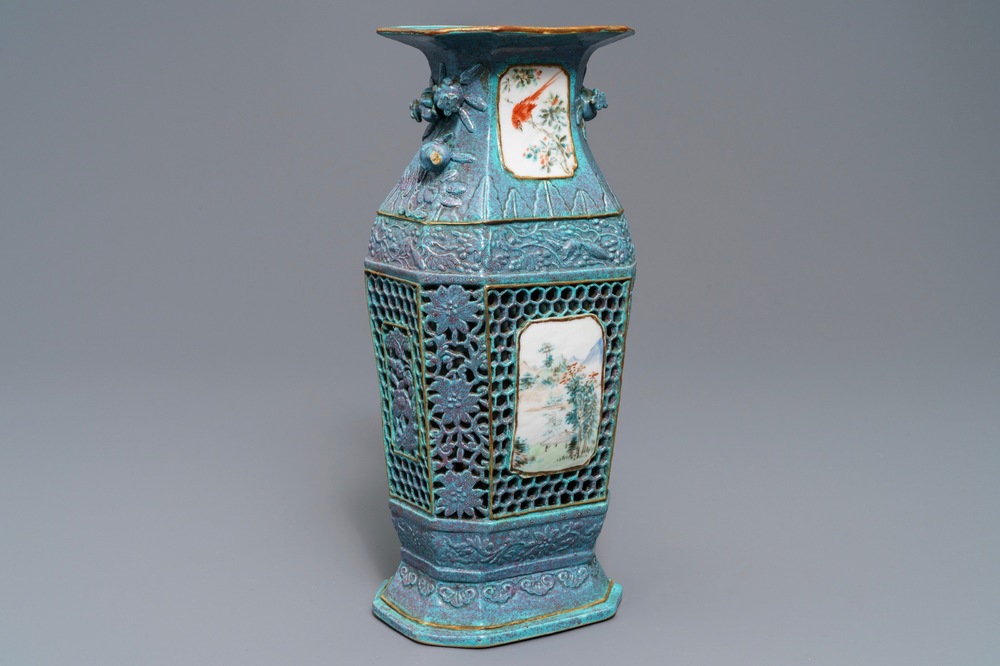 A Chinese reticulated robin's egg-ground qianjiang cai vase, 19th C.