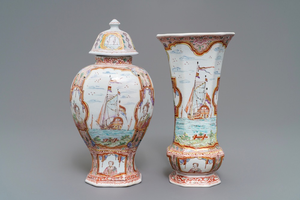 Two polychrome petit feu and gilded Dutch Delft vases with boats, 18th C.