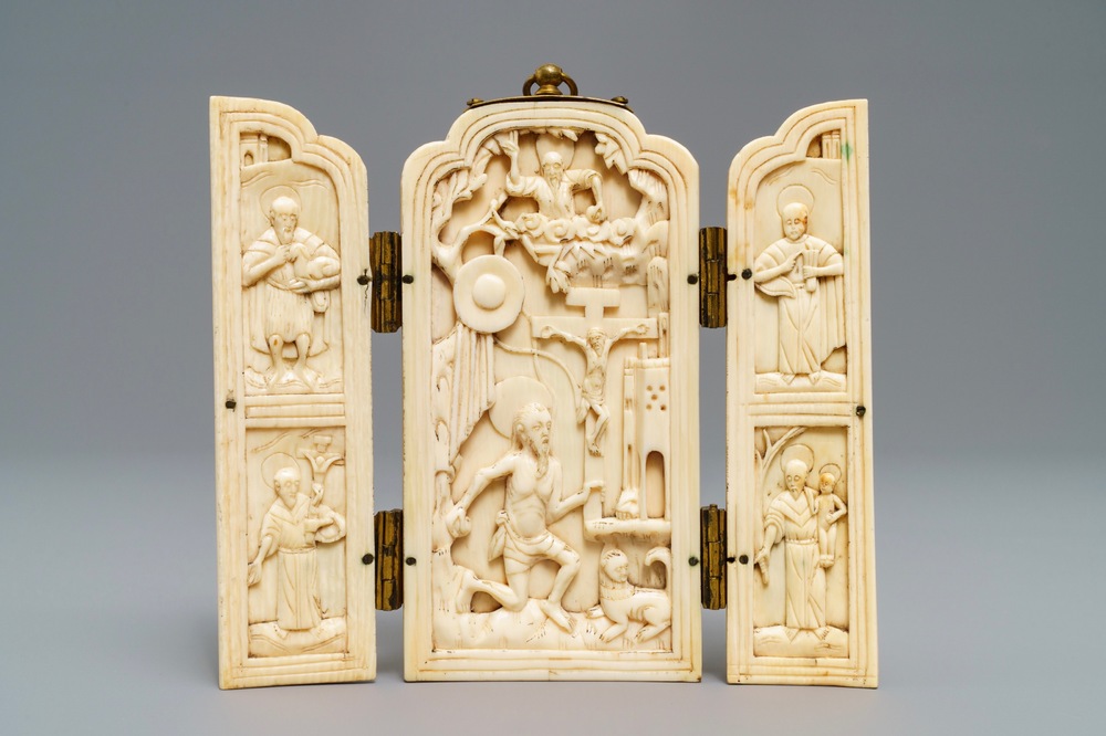 An Indo-Portuguese or Hispano-Philippine ivory triptych, 19th C. or older