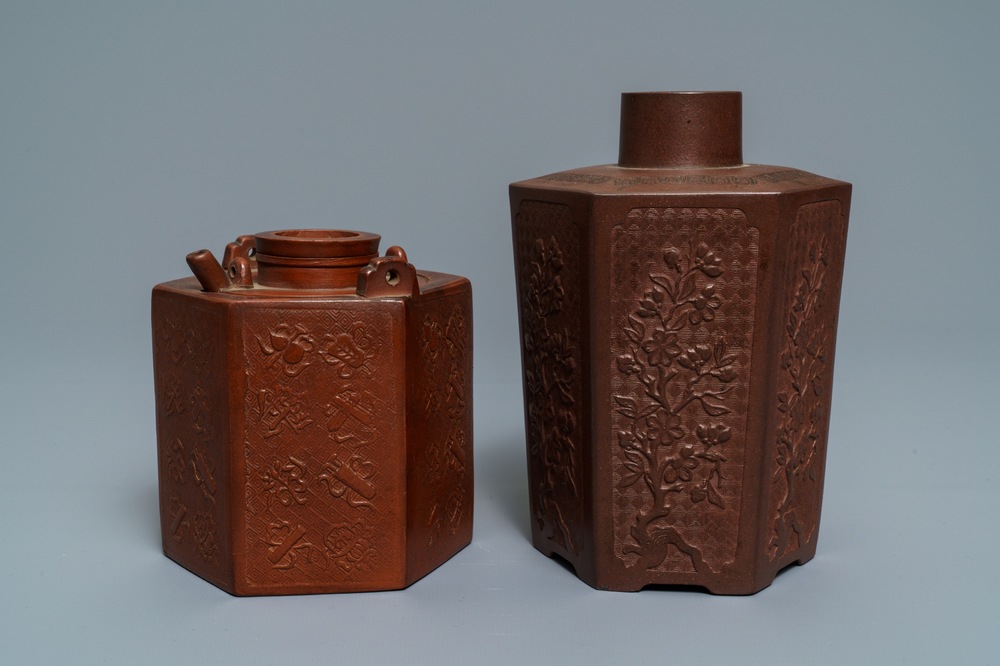 A Chinese relief-decorated Yixing stoneware caddy and a teapot, Kangxi