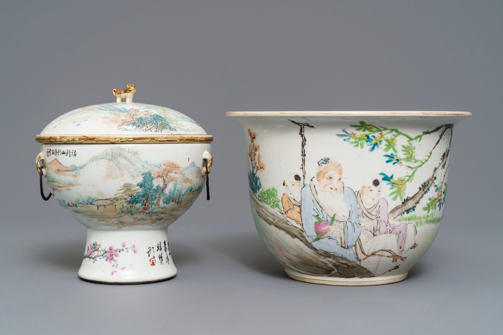 Un bol couvert sur piedouche et une jardini&egrave;re en porcelaine de Chine qianjiang cai, 19/20&egrave;me