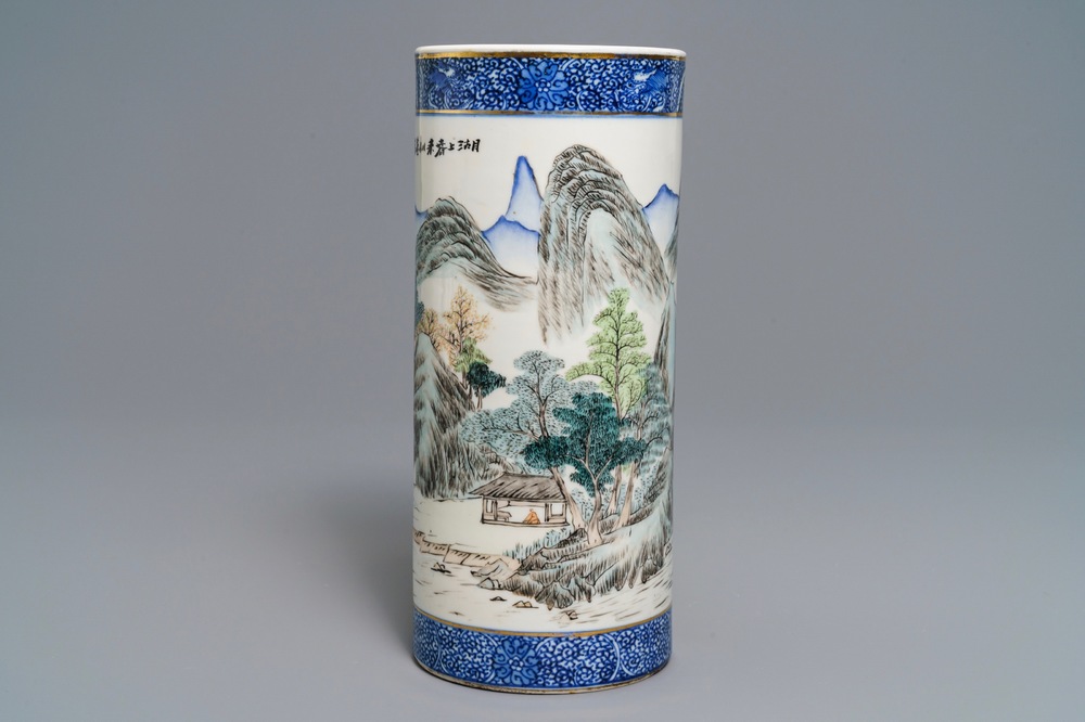 A cylindrical Chinese qianjiang cai hat stand, signed Wang Youtang, 20th C.