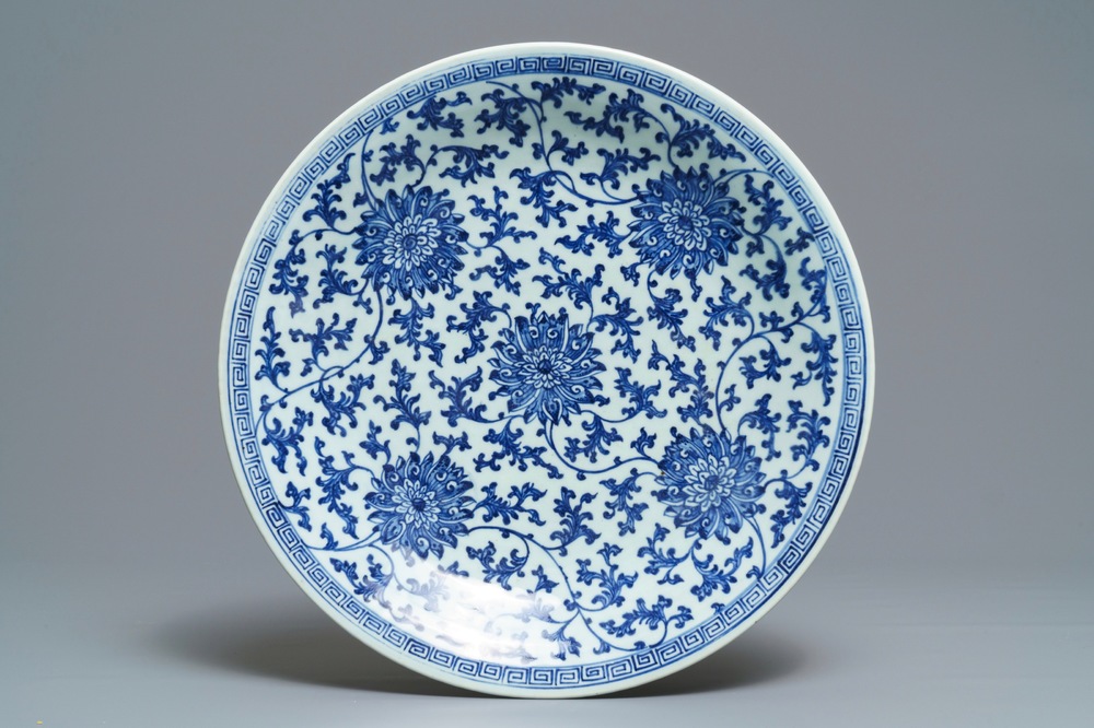 A Chinese blue and white lotus dish, Qianlong mark and of the period