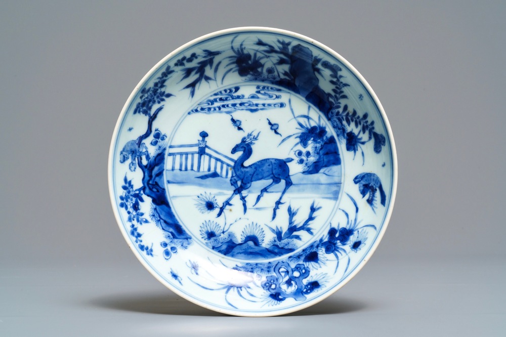 A Chinese blue and white plate with a deer and a monkey, Chenghua mark, Kangxi/Yongzheng