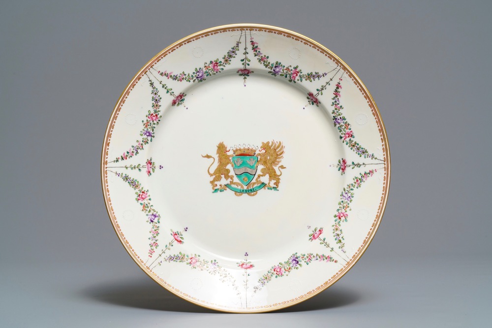 A famille rose-style armorial dish with the arms of Empain, Samson, Paris, 19th C.