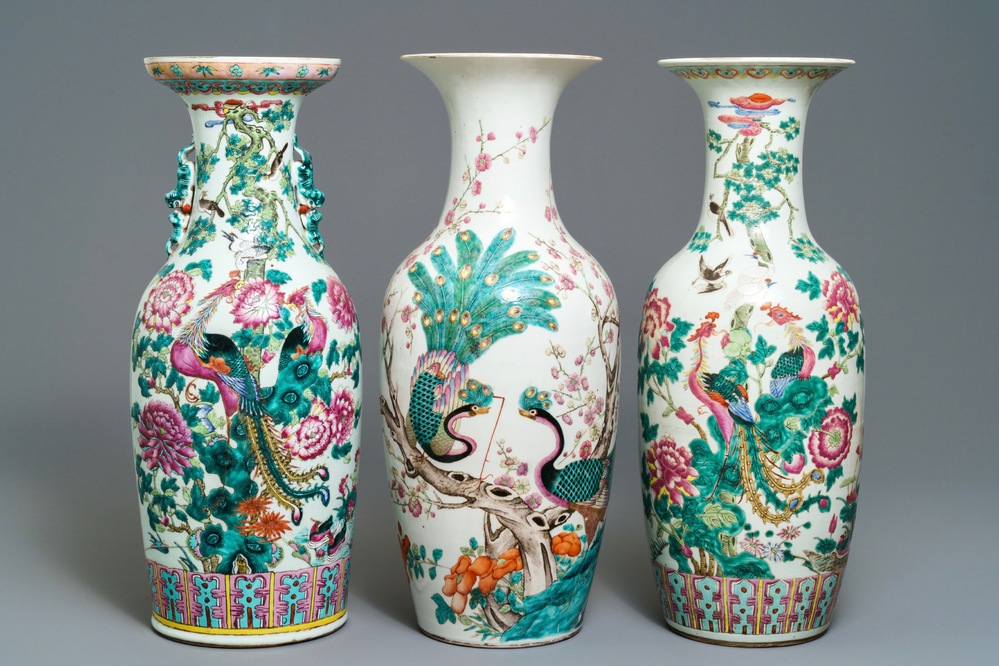 Three Chinese famille rose 'birds and flowers' vases, 19th C.