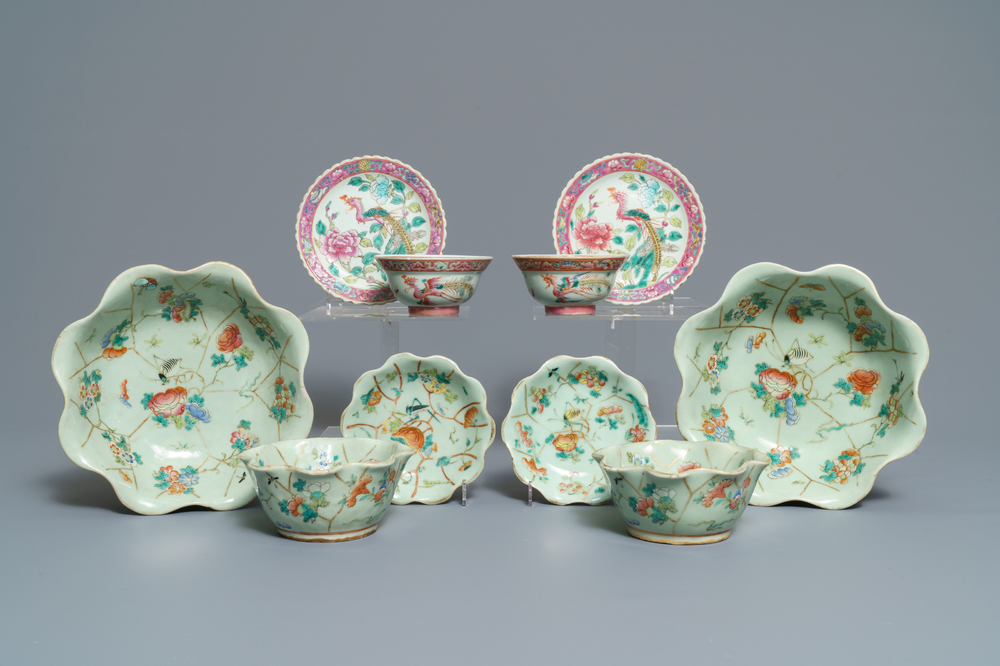 Zes Chinese celadon kommen en een paar kommen op schotels voor de Peranakan of Straits markt, 19e eeuw