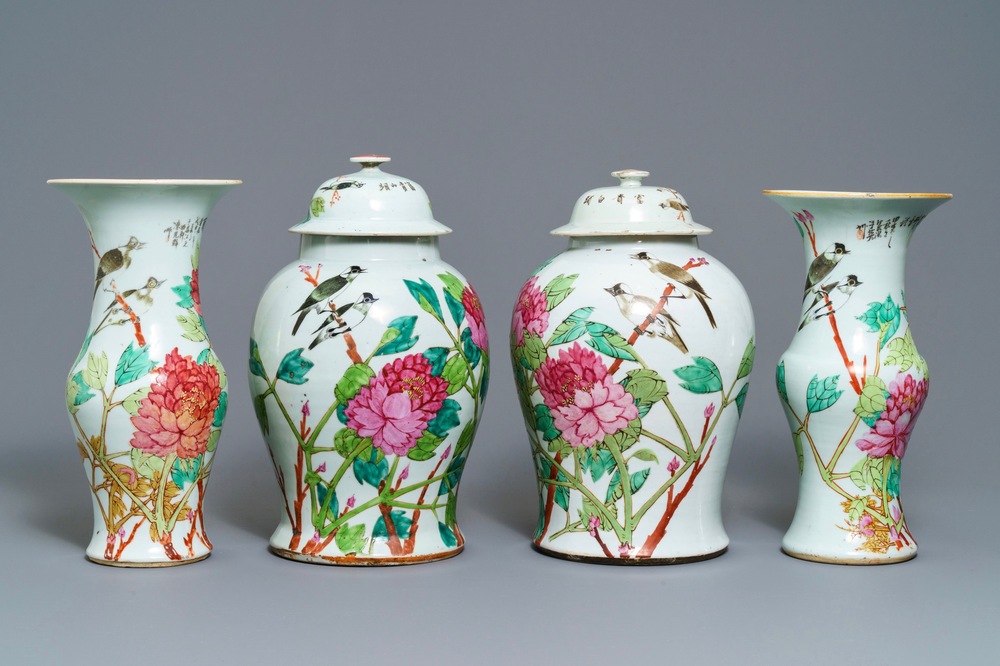 Four Chinese qianjiang cai vases with birds and flowers, 19/20th C.