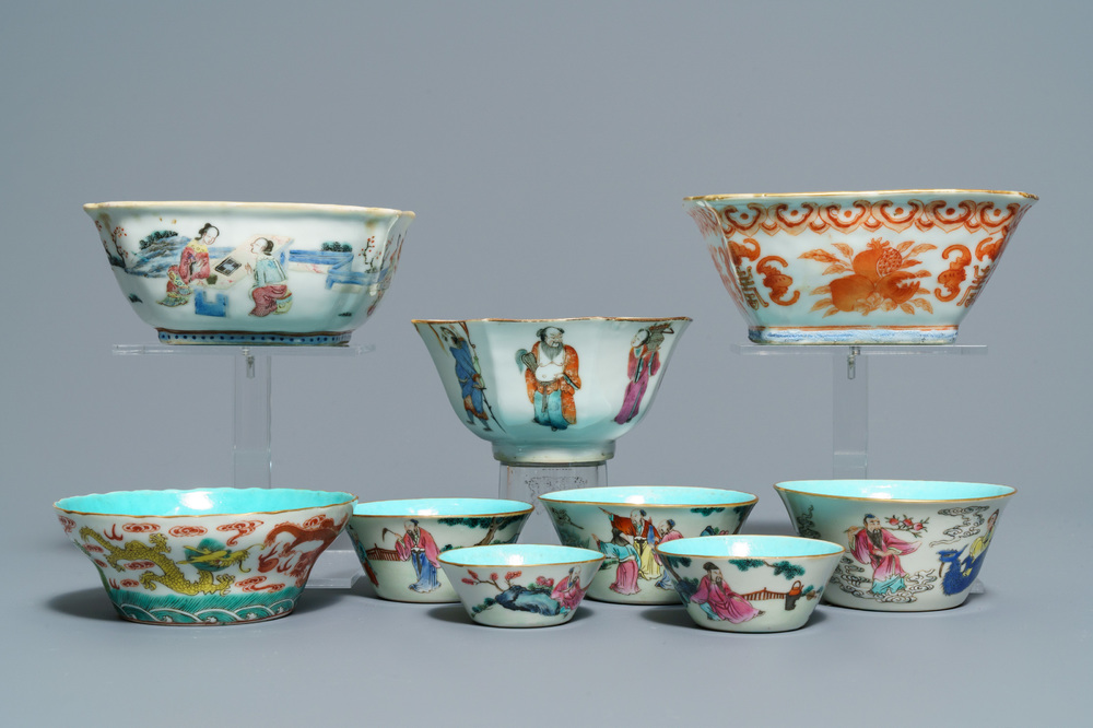 Nine Chinese famille rose bowls, 19th C.