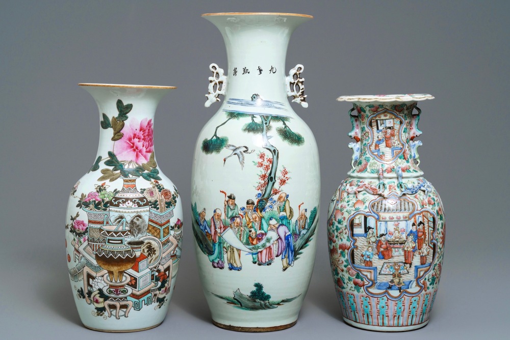 Three Chinese famille rose and qianjiang cai vases, 19/20th C.