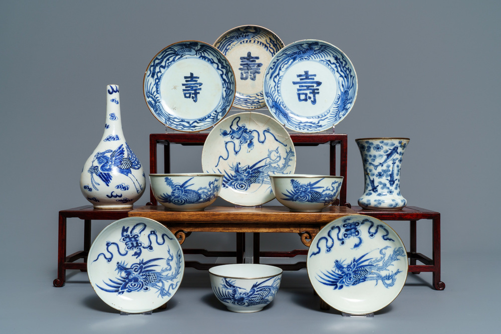 A varied collection of Chinese 'Bleu de Hue' Vietnamese market wares, 19th C.