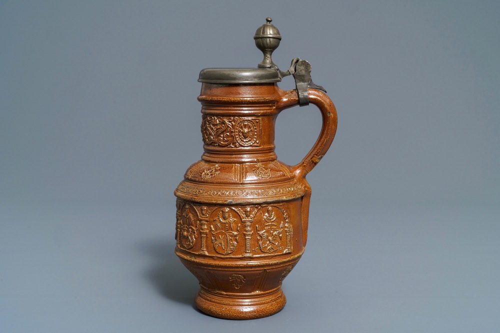 A pewter-mounted stoneware 'Kurfursten' jug, Raeren, dated 1603