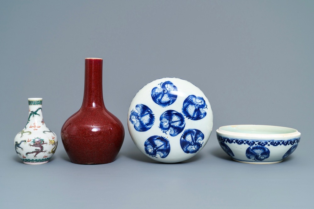 Two Chinese famille verte and sang de boeuf vases and a blue and white 'cranes' box, 19th C.