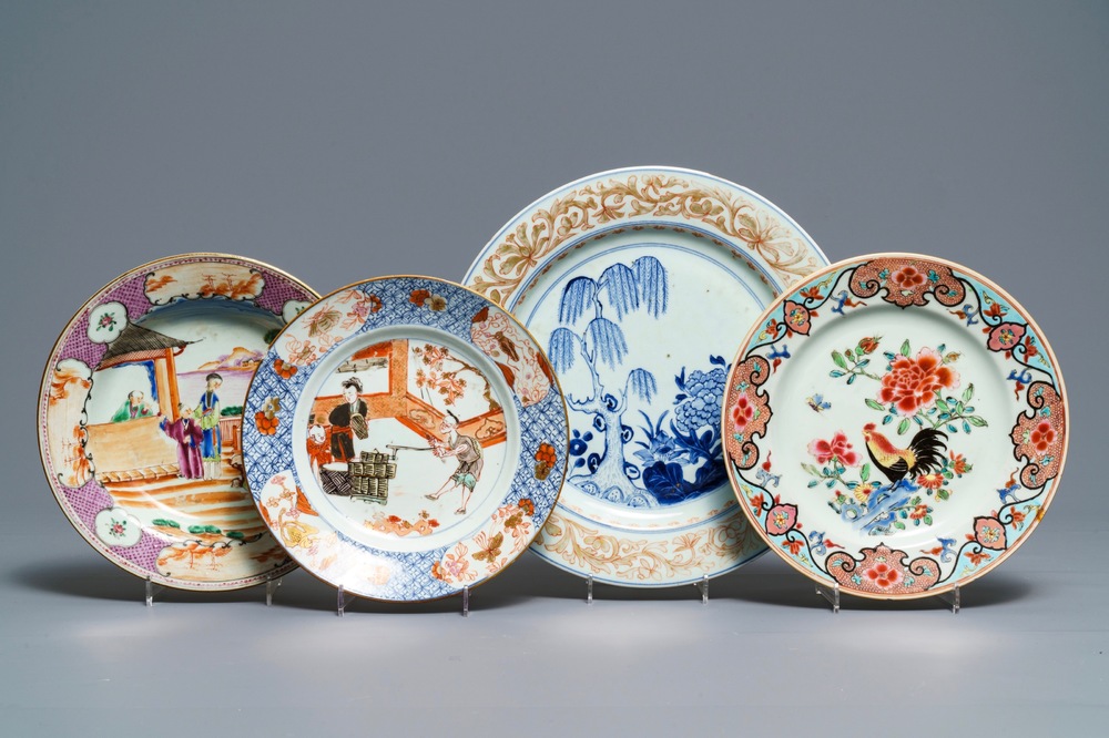Four Chinese famille rose and Imari-style plates, Qianlong