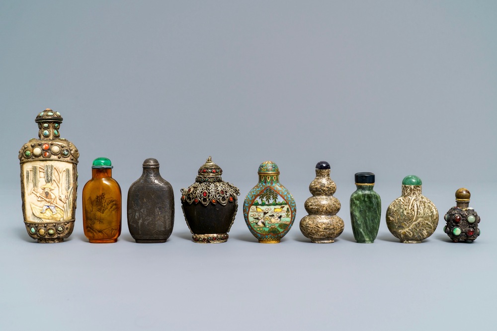 Nine various Chinese silver, glass and hardstone snuff bottles, 19/20th C.