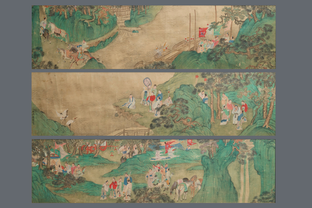 Trois peintures chinoises sur textile: 'Aux bords des rivi&egrave;res', 18/19&egrave;me