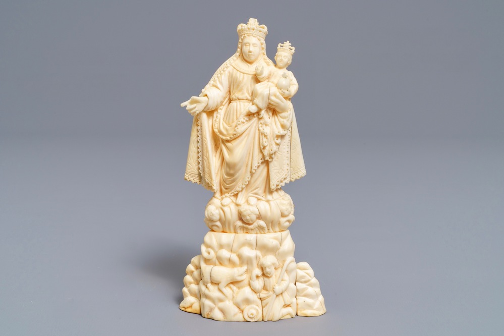 An Indo-Portuguese carved ivory figure of the Madonna with child, Goa, 19th C.