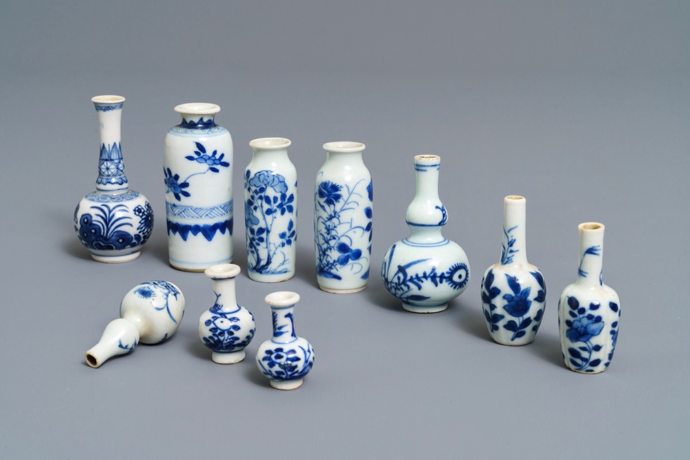 Ten fine Chinese blue and white miniature vases, Kangxi