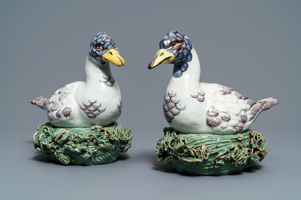 A pair of polychrome Dutch Delft duck-shaped tureens, 18th C.