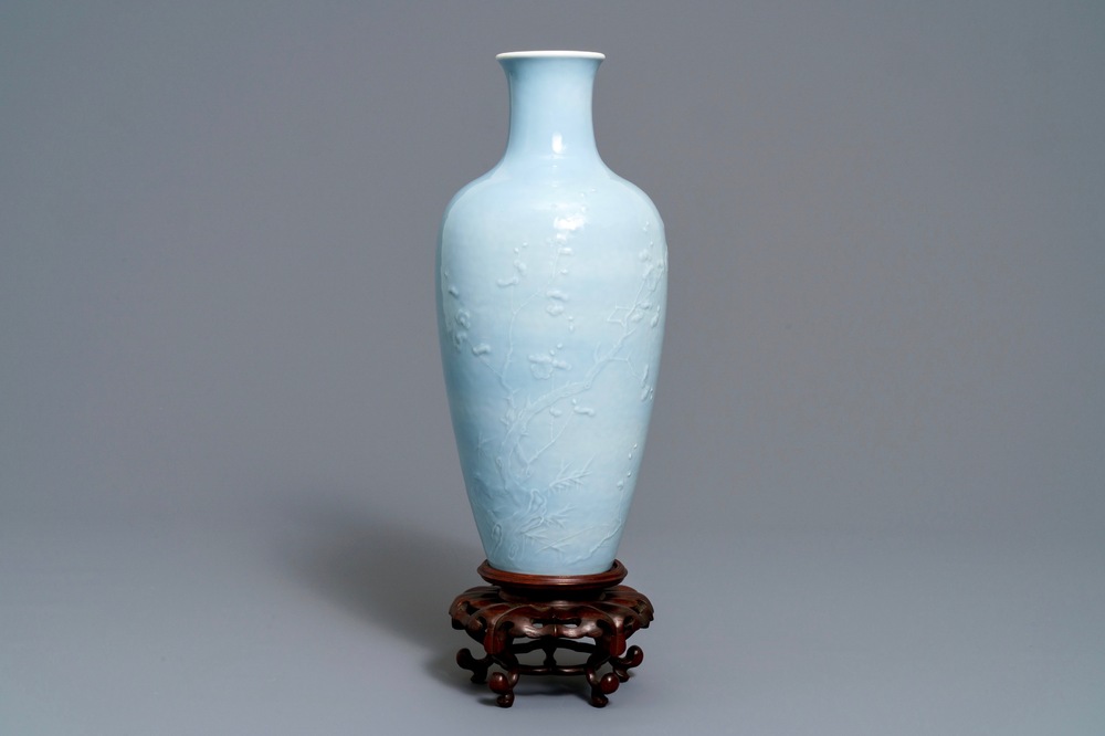 A Chinese monochrome lavender-blue vase with underglaze design, Yongzheng mark, 19th C.