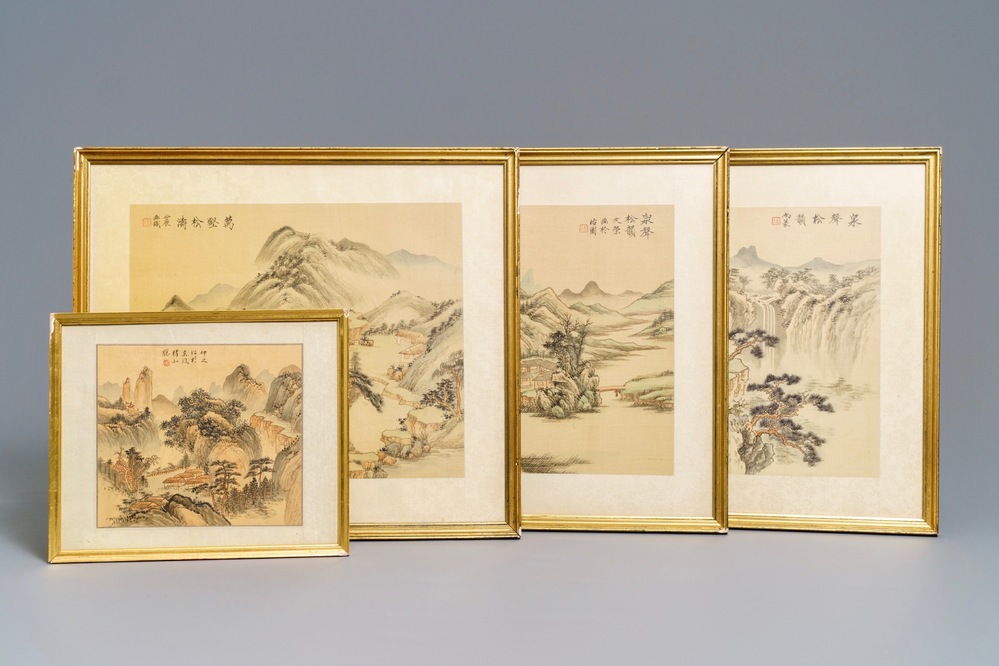 Four various framed Chinese mountainous landscape paintings, ink and color on silk, 20th C.