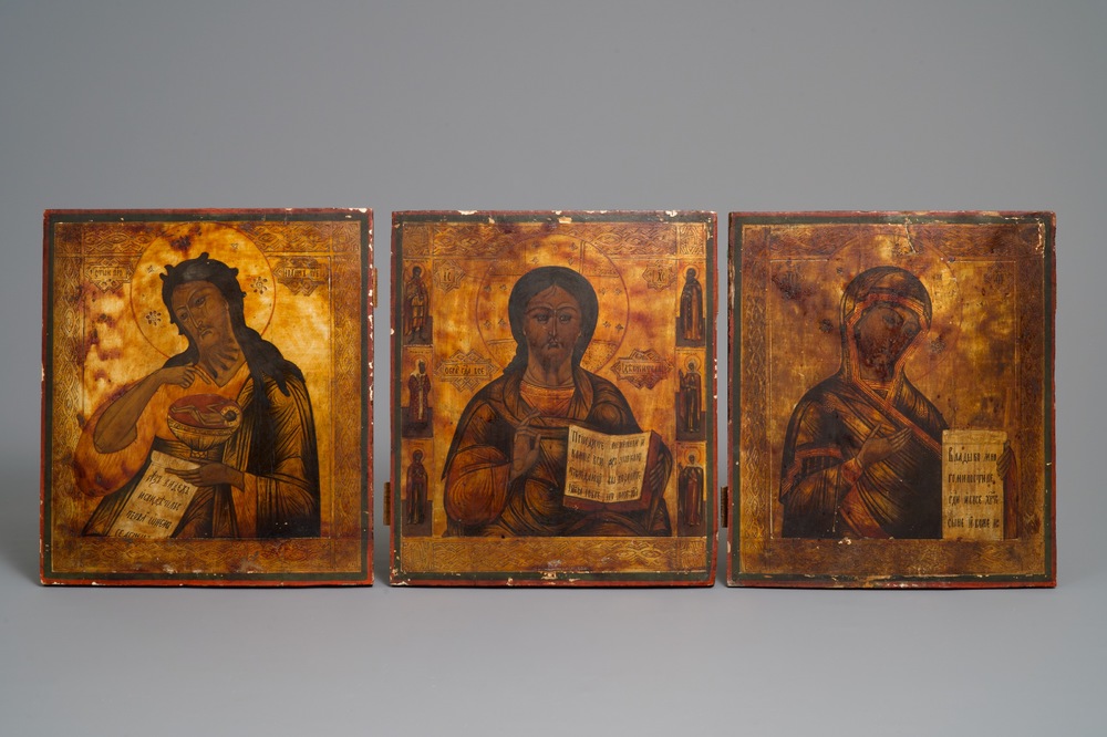 Trois ic&ocirc;nes russes: 'La M&egrave;re de Dieu', 'Pantocrator' et 'Jean le Baptiste', 19&egrave;me