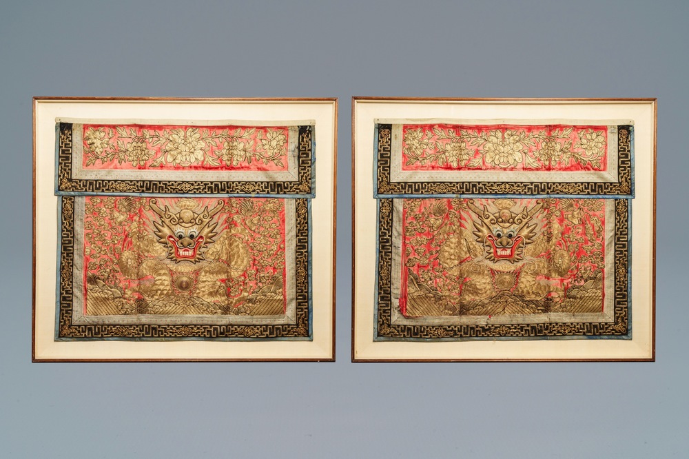 A pair of large Chinese relief-embroidered silk 'dragon' panels, 19th C.