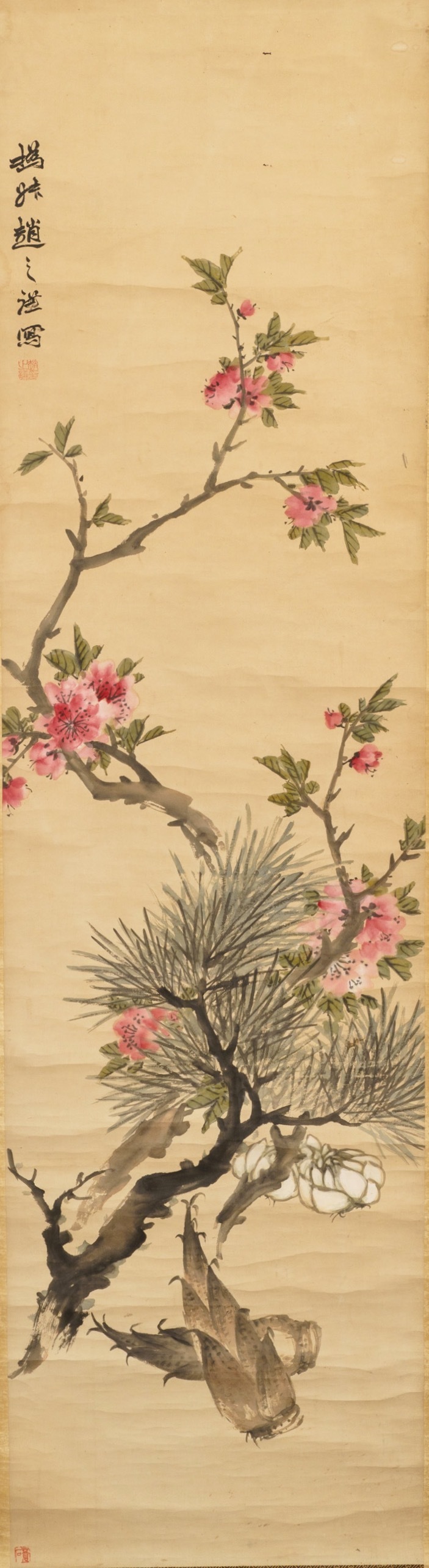 Zhao Zhiqian (China, 1829&ndash;1884): 'Drie vrienden van de winter', inkt en kleur op papier, gemonteerd op rol