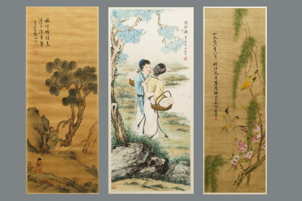 Qiu Qiyun, He Dunren, Chen Shoumei (China, 20th C.): three framed works, ink and color on paper