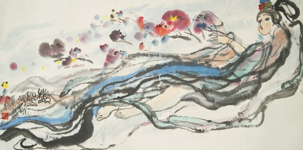 Ecole chinoise, 20&egrave;me: Femme allong&eacute;e, encre et couleurs sur papier