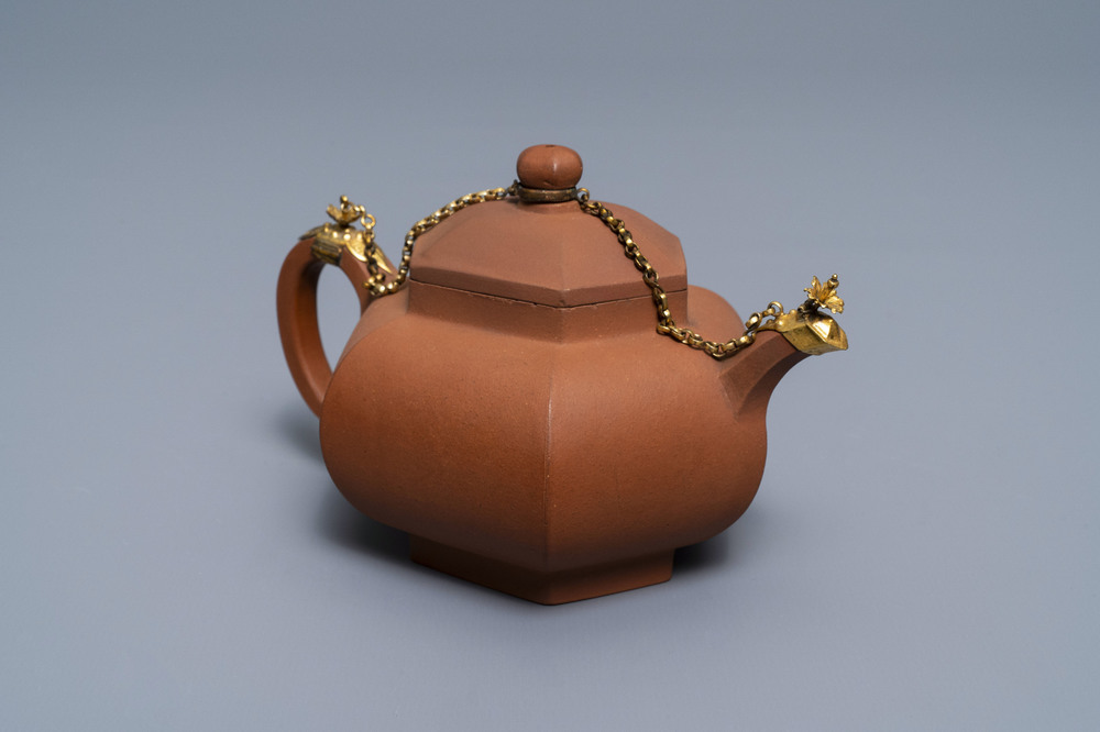 A Chinese gilt-mounted Yixing stoneware teapot and cover, Kangxi