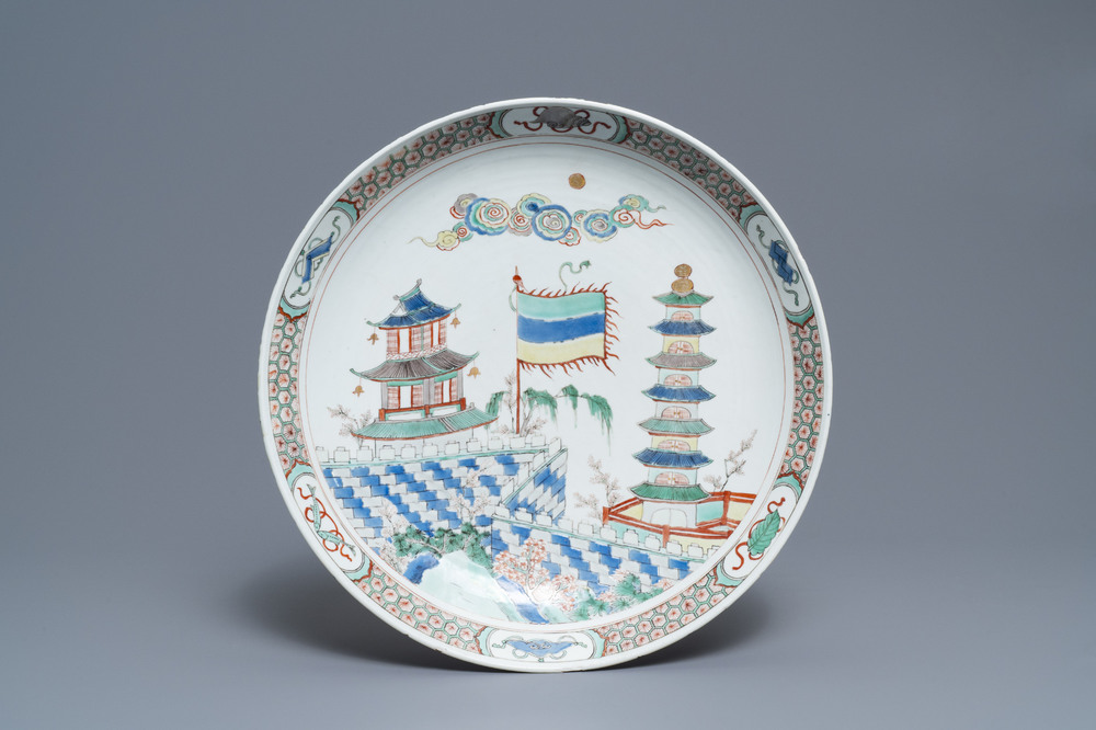 A Chinese famille verte 'pagoda and temple' charger, Kangxi