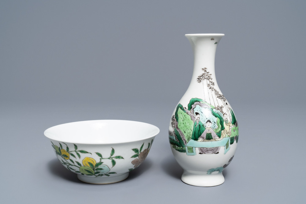 A Chinese famille verte vase and an 'anhua' dragon bowl, Kangxi mark, 19th C.