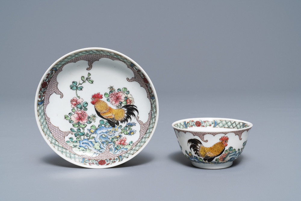 A fine Chinese famille rose 'rooster' eggshell cup and saucer, Yongzheng