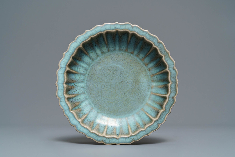 A Chinese lotus-shaped junyao dish, Ming or later