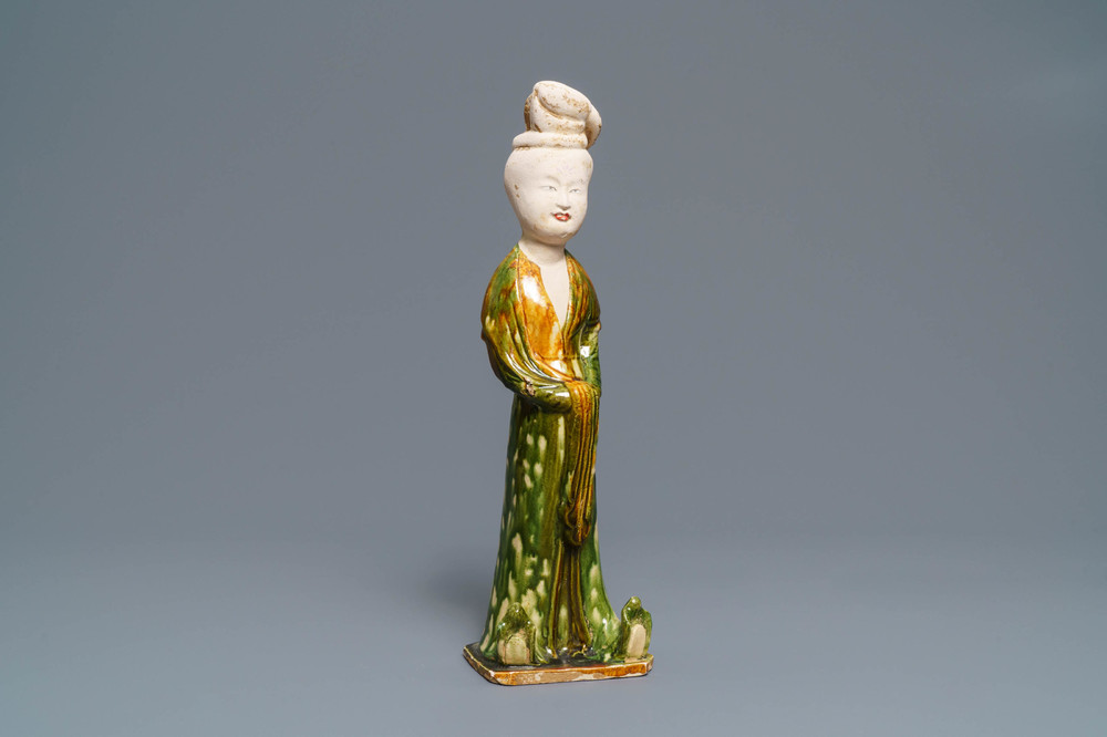 A fine Chinese sancai-glazed pottery model of a court lady, Tang