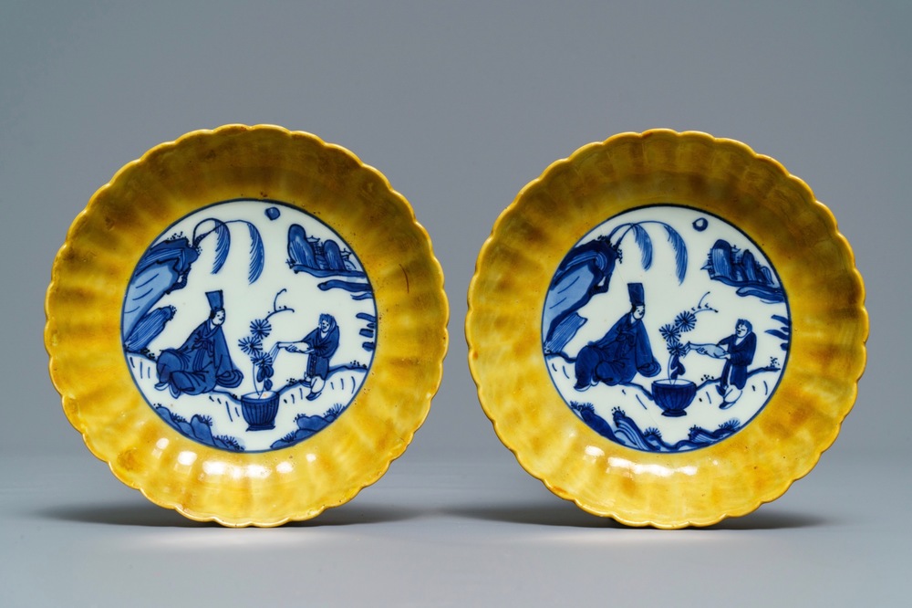 A pair of lobed Chinese blue and white yellow edge plates, 'hare' mark, Wanli