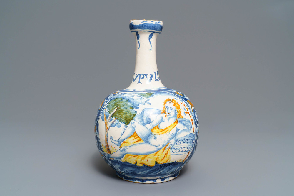 An Italian maiolica pharmacy bottle with a male portrait, Deruta or Castelli, 17th C.