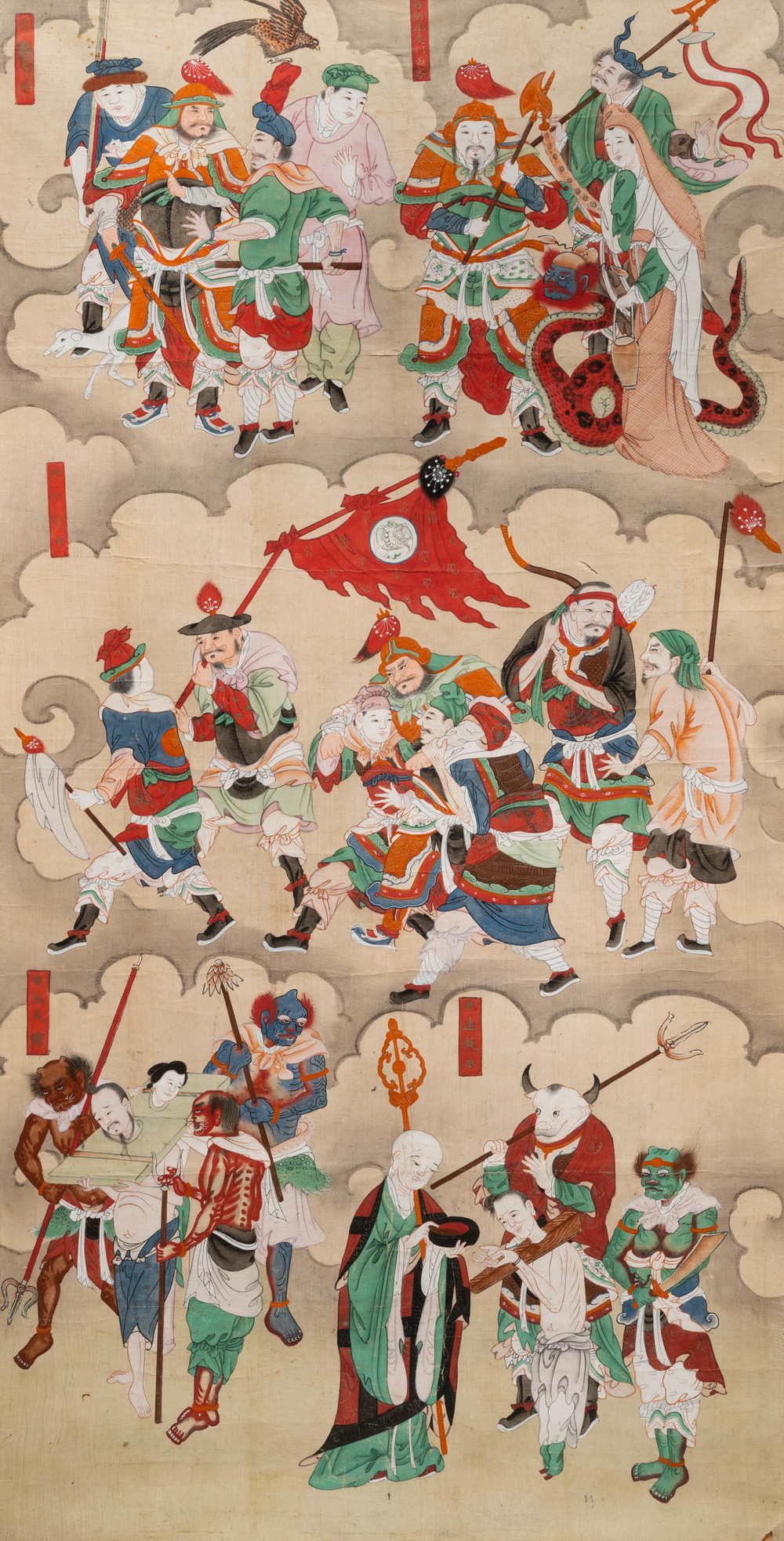 Chinese school, inkt en kleur op papier, Qing: 'Krijgers en goden in de hemel'