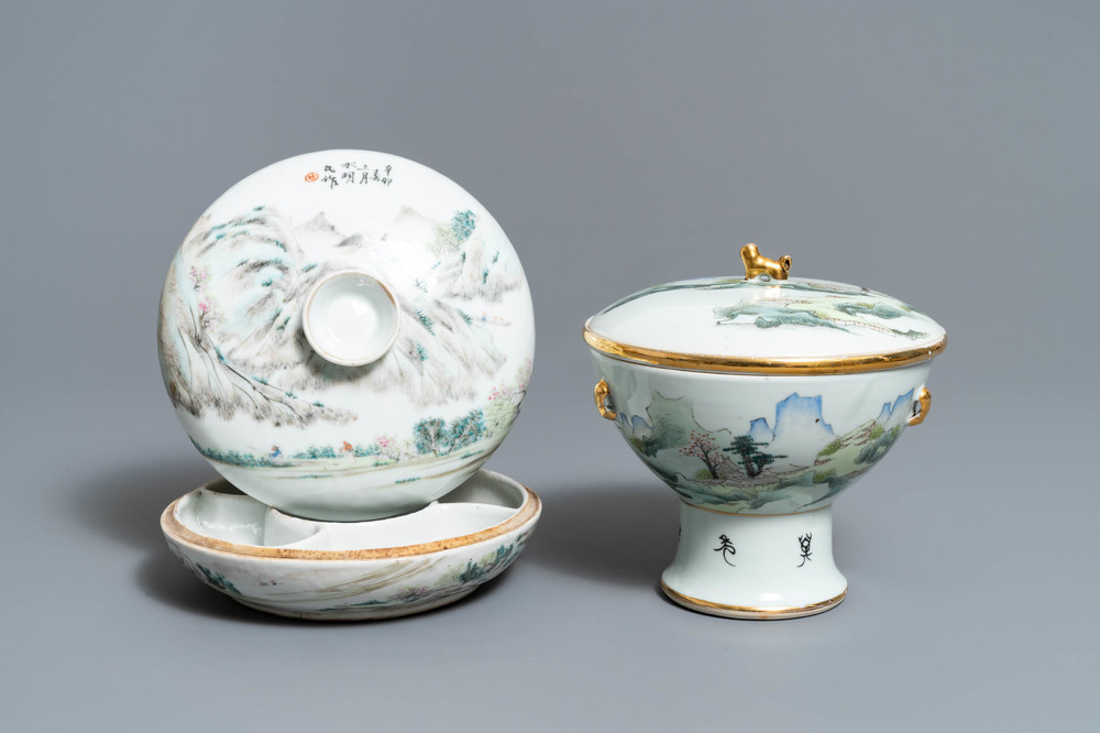 A Chinese qianjiang cai spice box and a warming bowl on foot, 19/20th C.