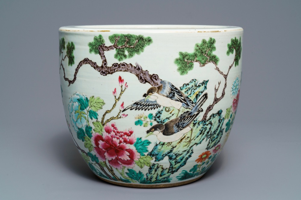 A Chinese famille rose jardini&egrave;re with birds among flowers, 19th C.