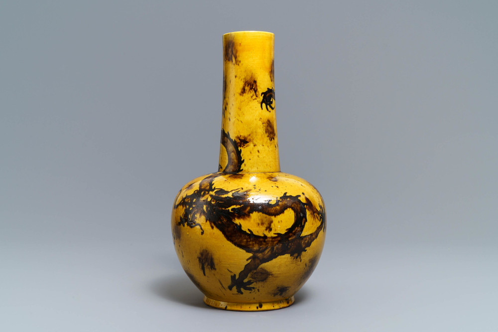 A Chinese yellow-ground bottle vase with a dragon, Qianlong mark, 19/20th C.