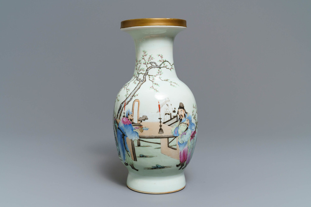 A Chinese famille rose vase with figures in a garden, Qianlong mark, Republic, 20th C.