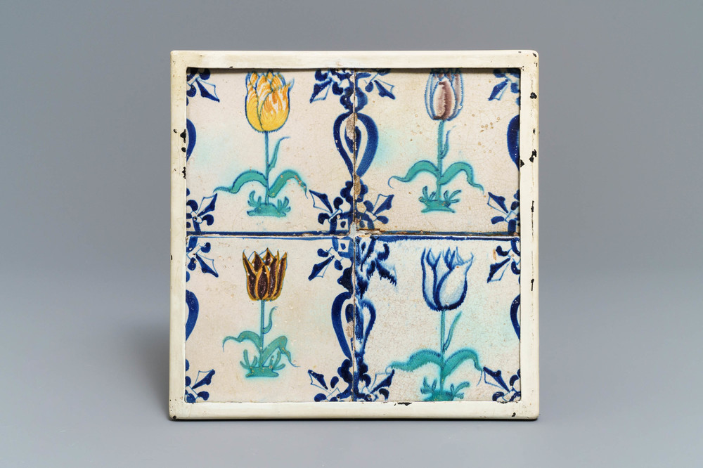 Four polychrome Dutch Delft 'tulip' tiles, 1st half 17th C.