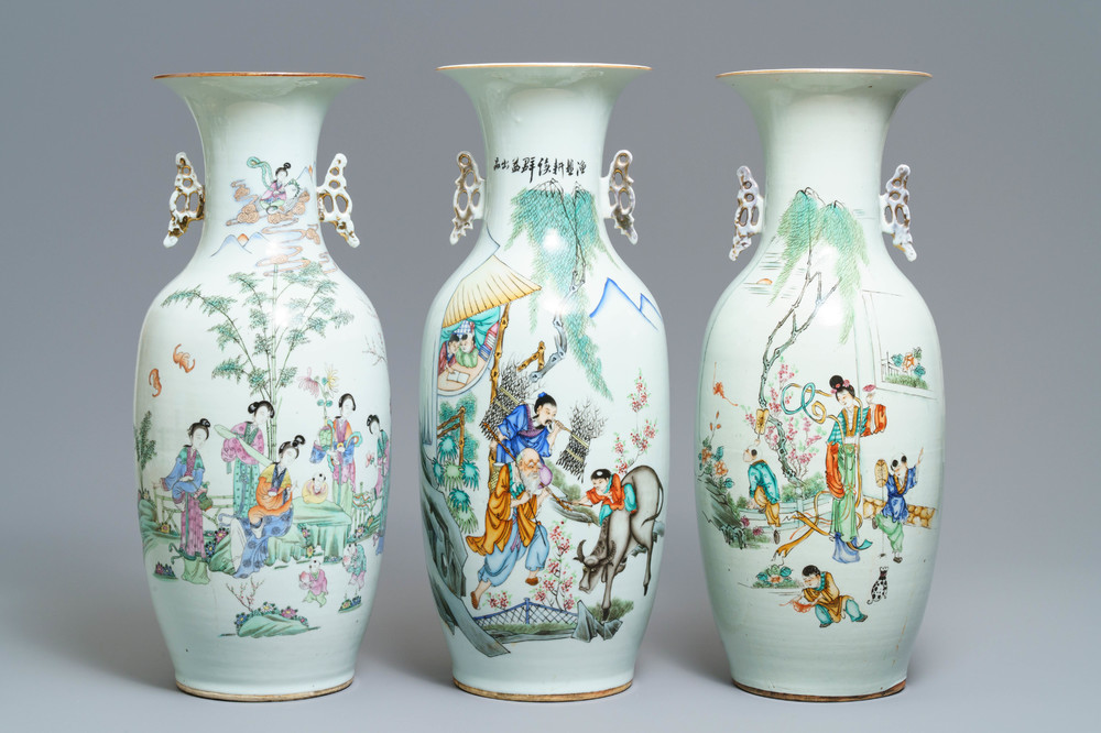 Three Chinese famille rose vases with figural design, 19/20th C.