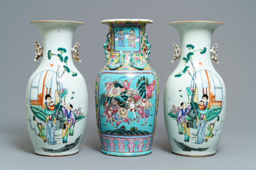 A pair of Chinese famille rose vases and a turquoise-ground warrior vase, 19/20th C.