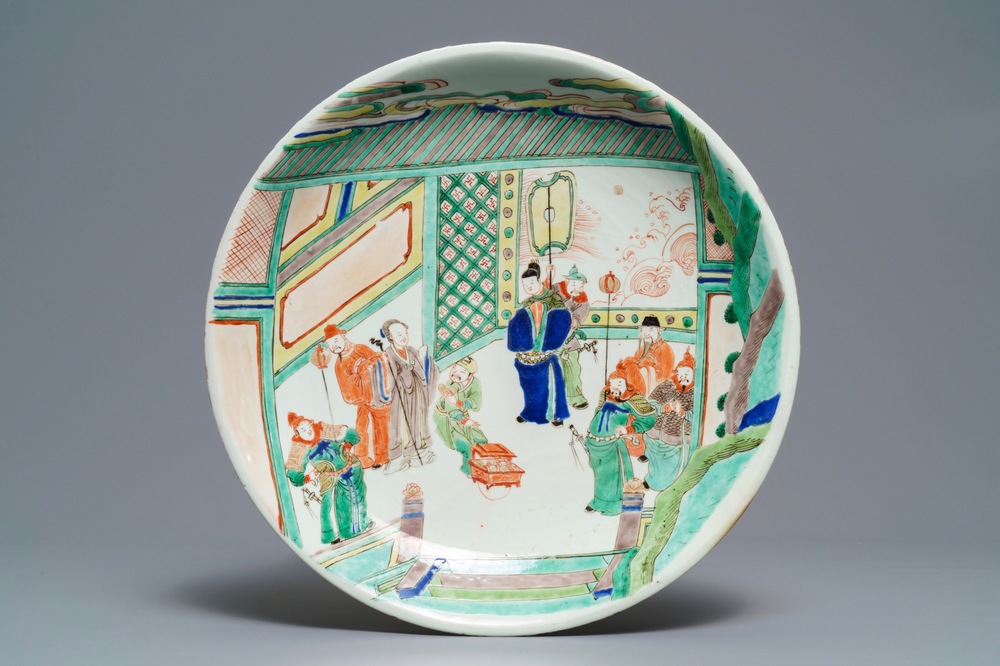 A Chinese famille verte charger with a narrative scene, Kangxi