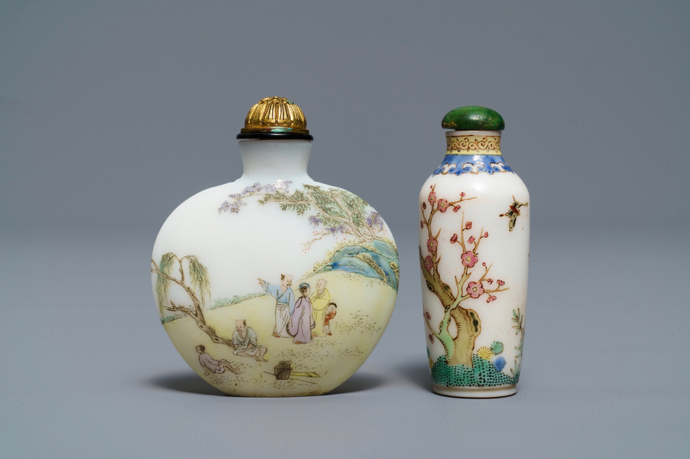 Two Chinese enamelled glass snuff bottles, Guyue Xuan marks, probably Palace workshops, Beijing, Qianlong