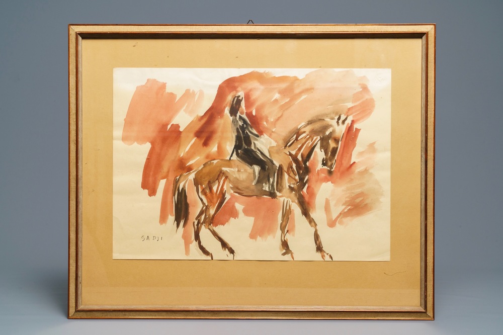 Sadji (Sha Qi, Sha Yinnian) (1914-2005): Chevalier sur cheval, aquarelle et encre sur papier, sign&eacute; en bas &agrave; gauche