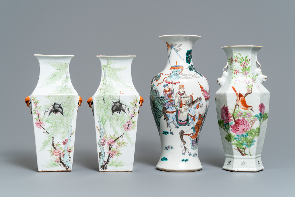 Quatre vases en porcelaine de Chine qianjiang cai et famille rose, 19&egrave;me